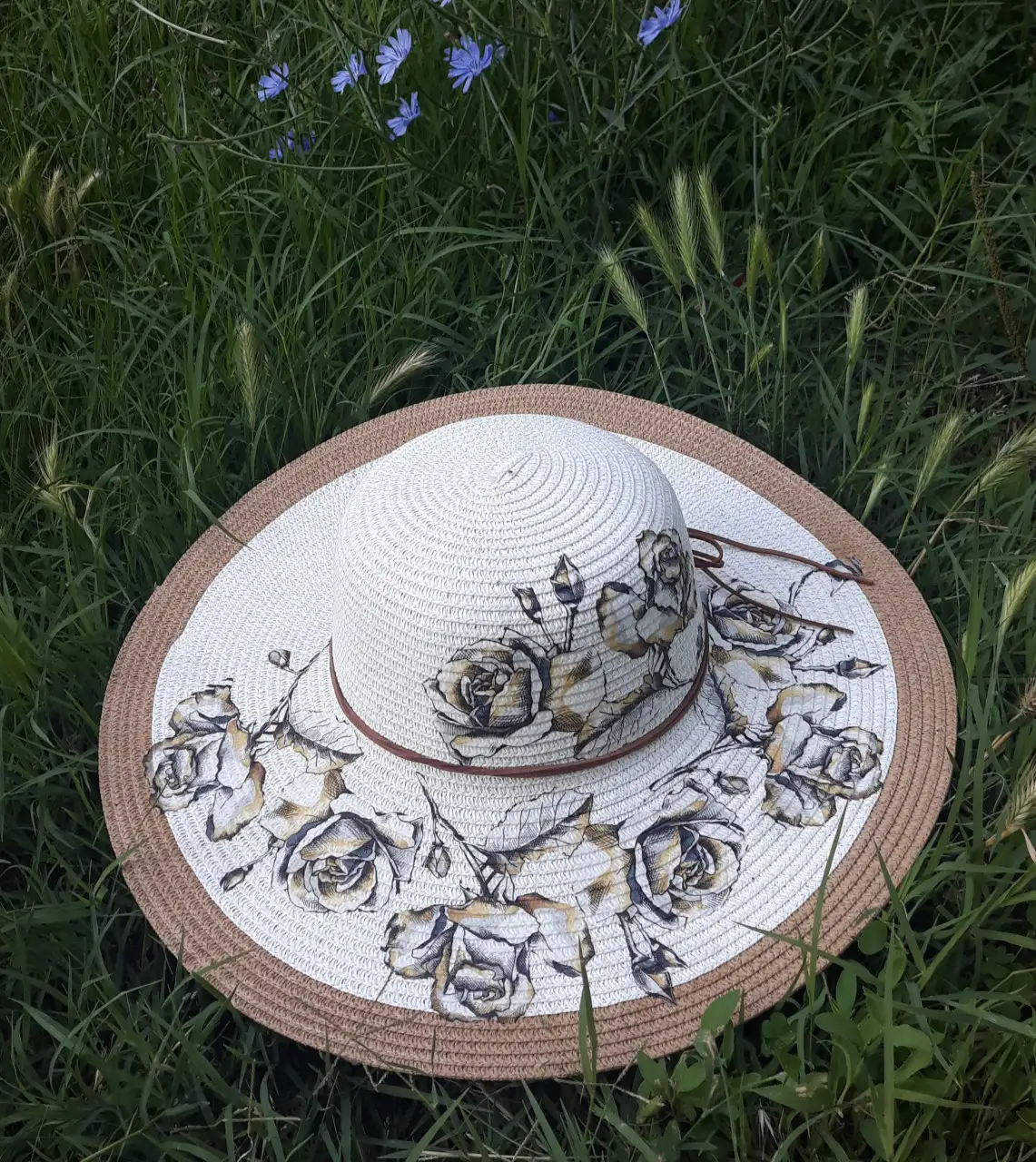 Summer hat decoupage brown flowers. Hand made