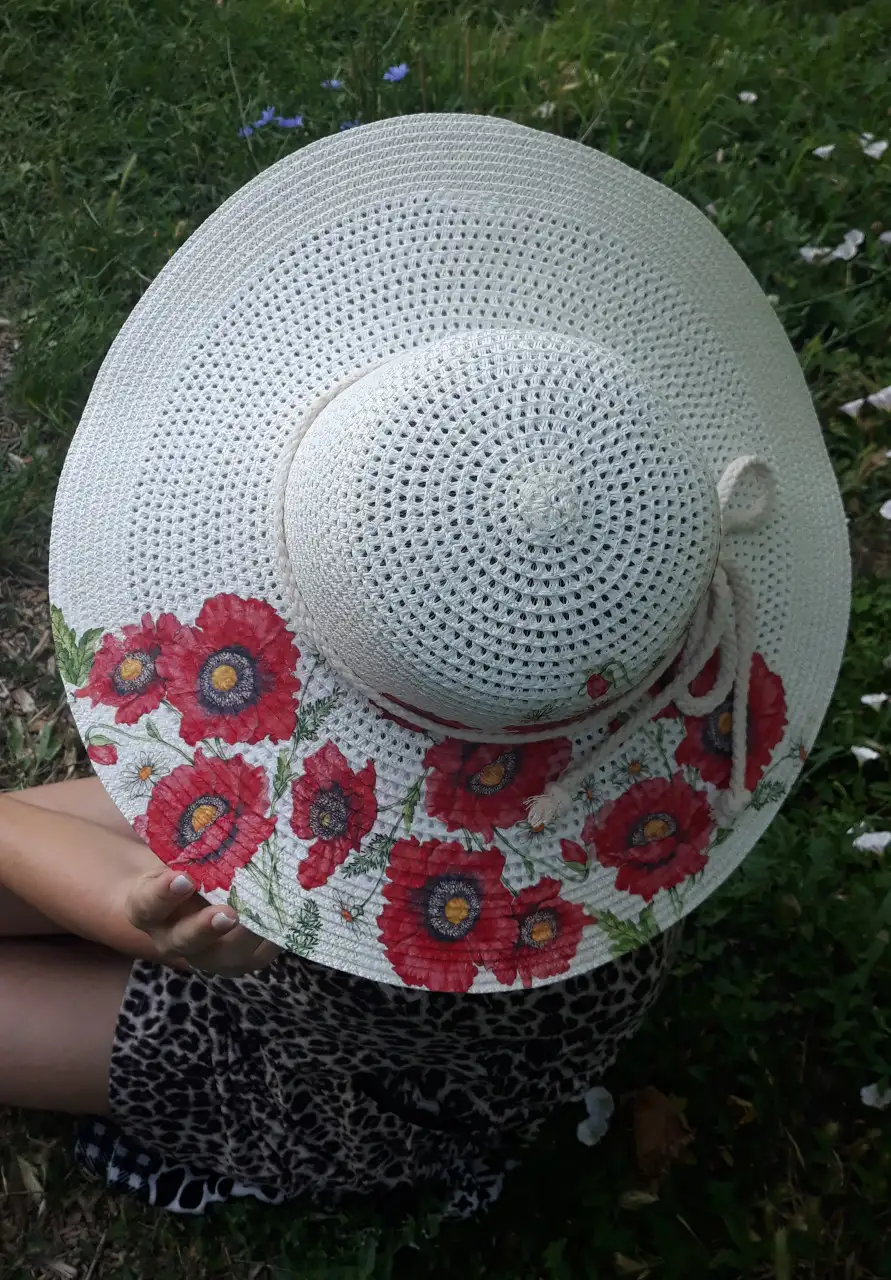 Summer hat decoupage poppy flower. Hand made
